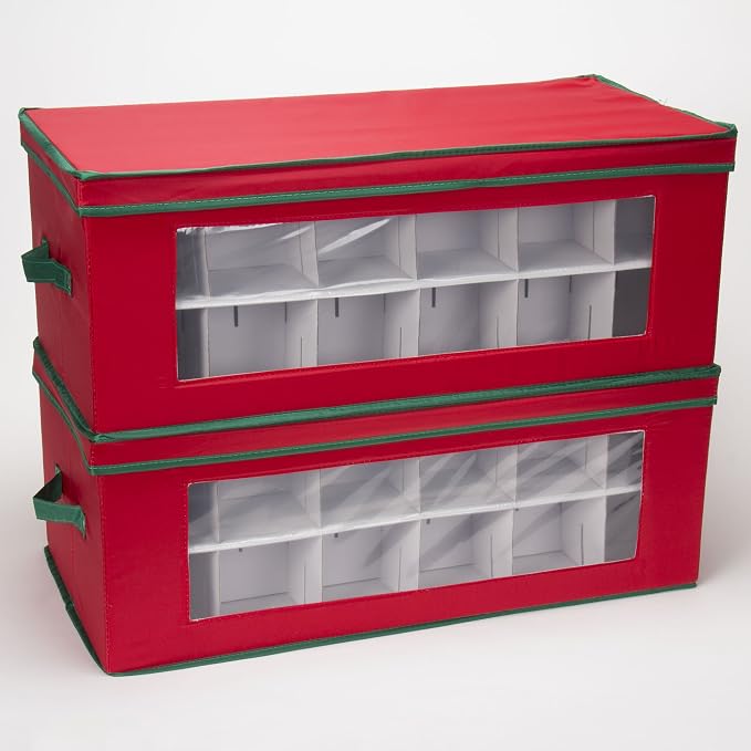 Household Essentials Ornament Storage Box, 36 Piece with Dividers, Sturdy and Stackable with Handles and Clear Plastic Window, Red Polyester Linen with Green Trim