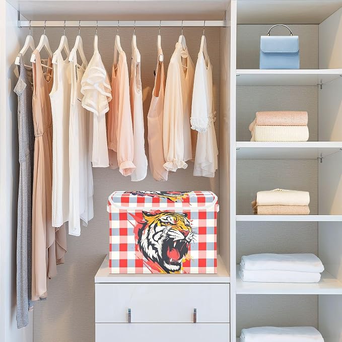 Fabric Storage Bins with Lid Tiger Foldable Storage Boxes 40L Baskets | Foldable & Stackable, Flip Top Dust Guard, Reinforced Handles, Home & Bedroom, Clothes & Toys, Animal Print Basket