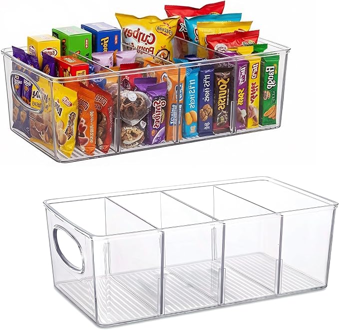 Clear Plastic Storage Bins with Removable Dividers – Pantry Snack Organizer, Kitchen Pantry Organizers and Storage, Snack Drawer Organizer, Fridge Organizer (2 Pack)