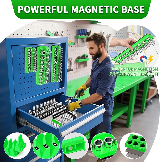 Magnetic Socket Organizer Set, 8PCS Socket Holder, 6 Socket Trays & 2 Wrench Racks, Metric & SAE Tool Box Organizer for 1/4", 3/8", 1/2" Sockets for Toolbox Storage (Black and Green, 8Pcs)