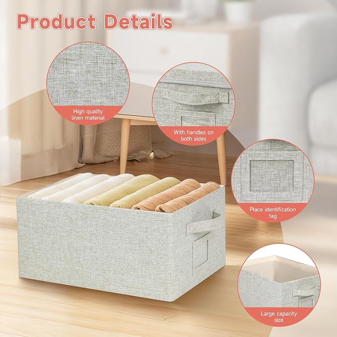 Storage Bins With Lids Closet Organizer Cabinet Box For Clothes,Toys,Shelf | 2 Pack, 17"X 12"X 2", Collapsible, Stackable, Dustproof, Built-In Handle, Label Slot, Linen Fabric, Cardboards, Gray-Green