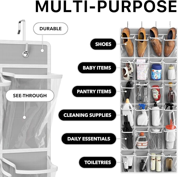 Simple Houseware 24 Pockets Large Clear Over the Door Shoe Organizer, Gray | 56" x 22.5", 4 Durable Metal Hooks, 5" x 9" Pocket Size, Multipurpose