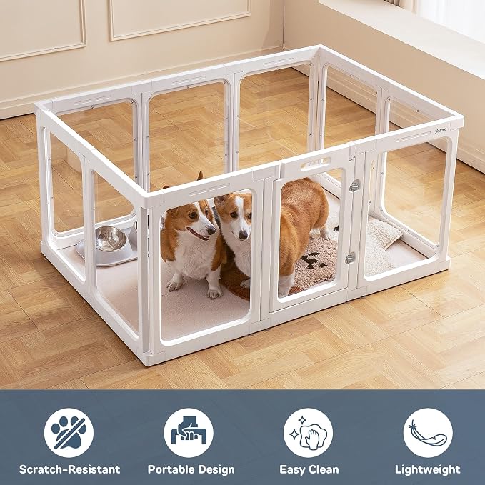 Jalove Acrylic Dog Playpen Indoor, 24" Easy Assemble Clear Pet Play Pen | Plastic Pet Playpen with Door for Puppy Rabbit, Easy Assemble,Easy to Clean,Relieves Pet Anxiety Small Cage, White 10 PCS
