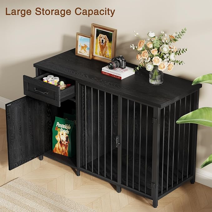 Spacesea 30" Dog Crate Furniture with Storage Drawers and Cabinet, Wooden Farmhouse Dog Kennel Indoor with 900lbs Capacity Steel Frame, Built-in Power Outlets