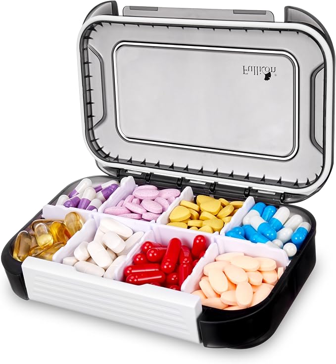 Fullicon Moisture Proof Pill Organizer, 8 Compartment Travel Case, Black | Holds Up to 66 Capsules or 17 Fish Oils, Safety Buckle, Removable Dividers, Labeling Stickers Included, Stackable Design