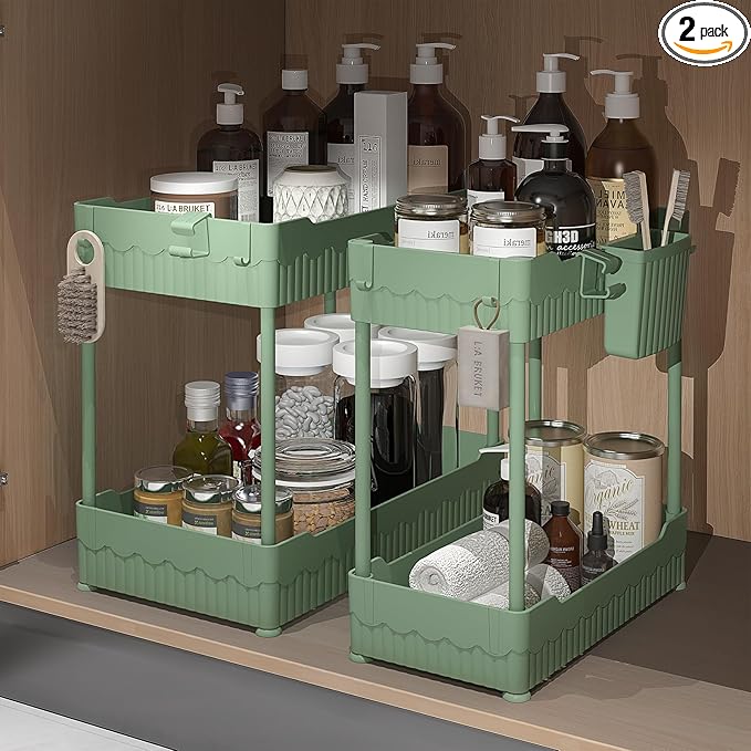 2-Pack Under Sink Organizer with Hooks & Hanging Cup for Kitchen | Multi-use kitchen & bathroom storage, 14.8 inch green cabinet organizer, with hooks and hanging cup for easy access.