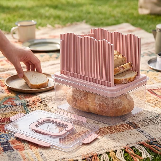 VECELO 2‑in‑1 Bread Slicer & Airtight Bread Storage Box with Handle, Plastic Bread Container with Lid for Keeping Fresh, Ideal for Bread, Cake, Buns,Pink