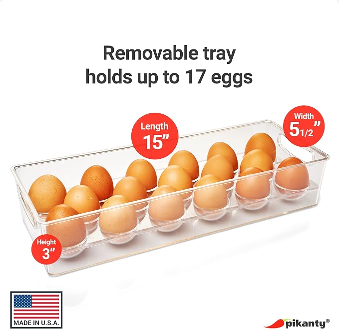 Pikanty Egg Holder for Refrigerator with Removable Tray - Holds 17 Eggs, Clear Plastic Container with Pull Handles for Bulk Eggs, Farm Fresh, Backyard Chickens, Dishwasher Safe, Made in USA