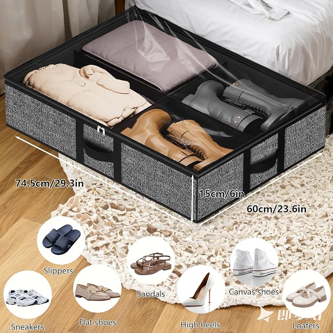 Under the Bed Shoe Organizer Fits 12 Pairs and 4 Pairs Boots,Sturdy & Breathable Materials,Underbed Storage Solution for Kids Men & Women Shoes,Great Space Saver for Your Closet Set of 2