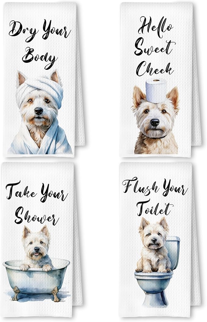 Funny West Highland White Terrier Dog Hand Towels for Bathroom Washroom, Gifts for West Highland White Terrier Lovers Women Men, Dog Bathroom Decor, 16x24 Inch Set of 4