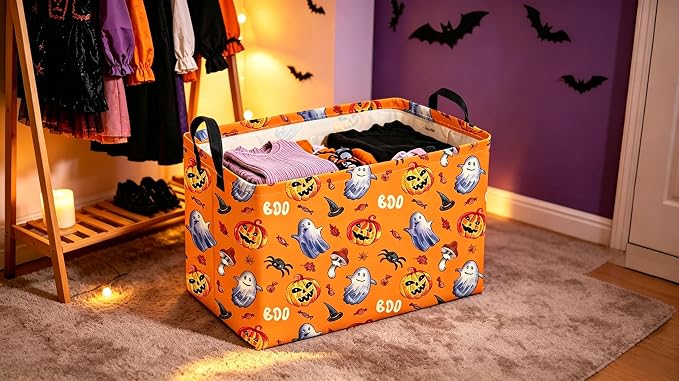 Sanjiaofeng Rectangular Halloween Horror Ghost Storage Basket,Terrifying and Thrilling Party Basket,Halloween Candy Storage Baskets with Handles(Scary Pumpkin)