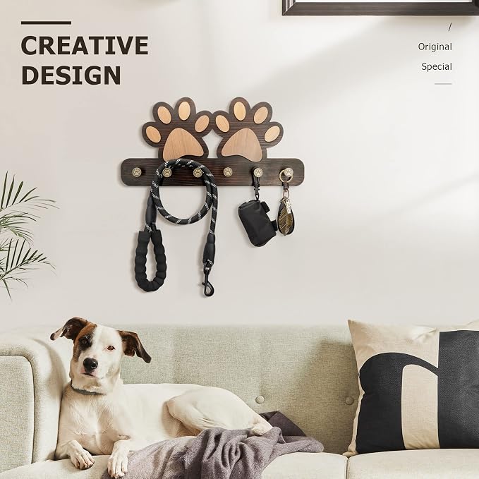 MTERSN Cute Dog Leash Holder for Wall for Apartment Essentials, Dark Brown | Acacia Wood, 3D Pet Claw Hooks, Wall Key Holder with 6 Hooks Dog Leash, Ideal for Wall Decor, Gift Idea for Dog Lovers