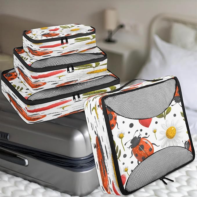 Packing Cubes for Travel, Cute Ladybugs Travel Luggage Packing Organizers for Women Men, Large Custom Toiletries Bag for Cosmetics Toiletries, Daisy Floral