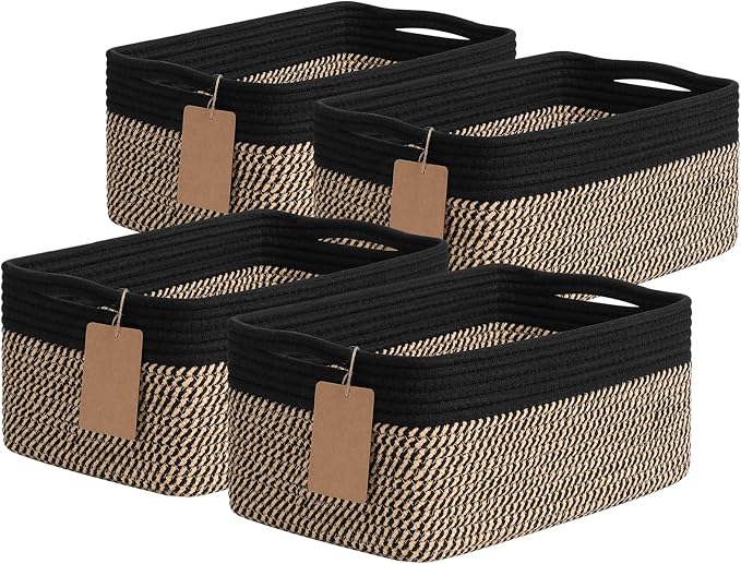 Goodpick 4 Pack Storage Baskets for Organizing Shelves, Black & Jute | 13" x 8" x 6" Woven Rope Baskets for Toys, Books & Magazines, Decorative Gift Basket for Nursery & Home, Rectangle Design