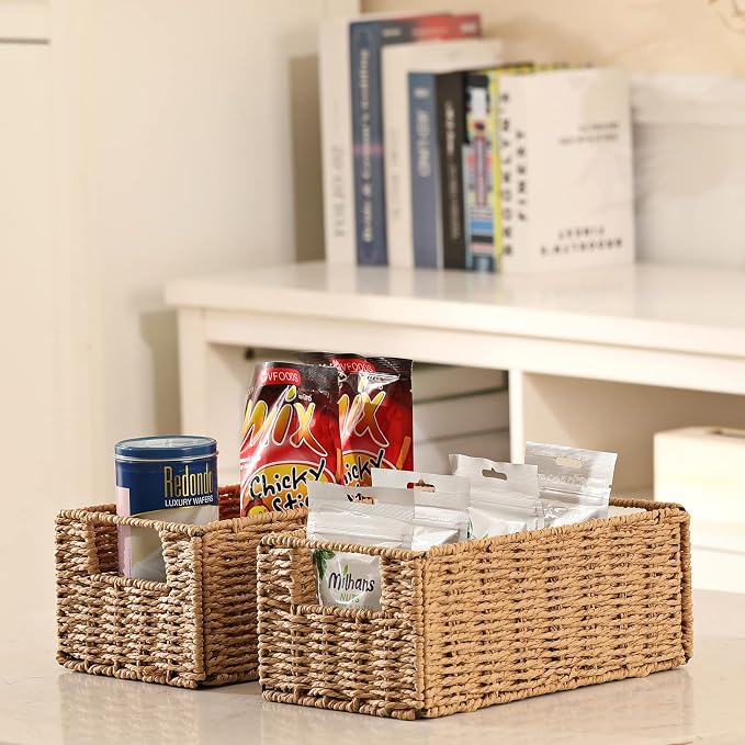 Vagusicc Wicker Storage Basket, Set of 2 Hand-Woven Paper Rope Wicker Basket, Small Storage Baskets for Organizing Toilet Paper, Foldable Large Cube Storage Organizer Bins for Shelves (Natural)