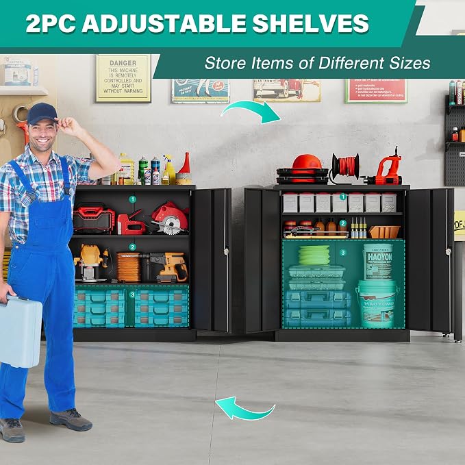 Small Metal Storage Cabinet with Doors and Shelves,36 inch Black Locking Garage Cabinet,Lockable Short Steel Cabinets for Home,Office,Shop,Garage