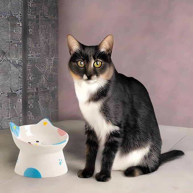 Cute Ceramic Raised Cat Bowls Elevated Design, 15° Tilted FeederProtect Cat's Spine Anti Vomiting Blow for Flat Faced Cats, Kitten Small Dogs,Raise Tilted Cat Food Bowld Pet Dishes(Blue)