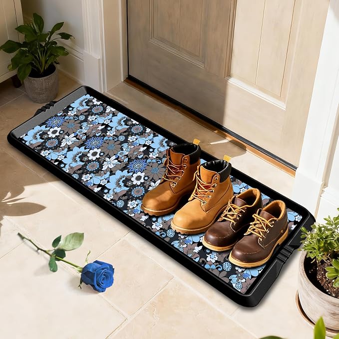 BEHERO Boot Tray Shoe Mat Decorative Patterned, Rubber Shoe Matt Tray Indoor/Outdoor Use, 16" x47.5" Shoe Cleaning Mat Non-Slip, Shoe Storage Waterproof Flower Prints for Entryway, Velvet Bloom