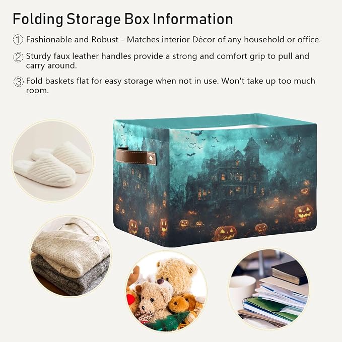 Halloween Castle Storage Basket with Waterproof Liner and PU Handles Spooky Bat Pumpkin Lantern Storage Bins Boxes 14.2" Collapsible Decorative Organizer Baskets for Bedroom Closet Office 1 Pack