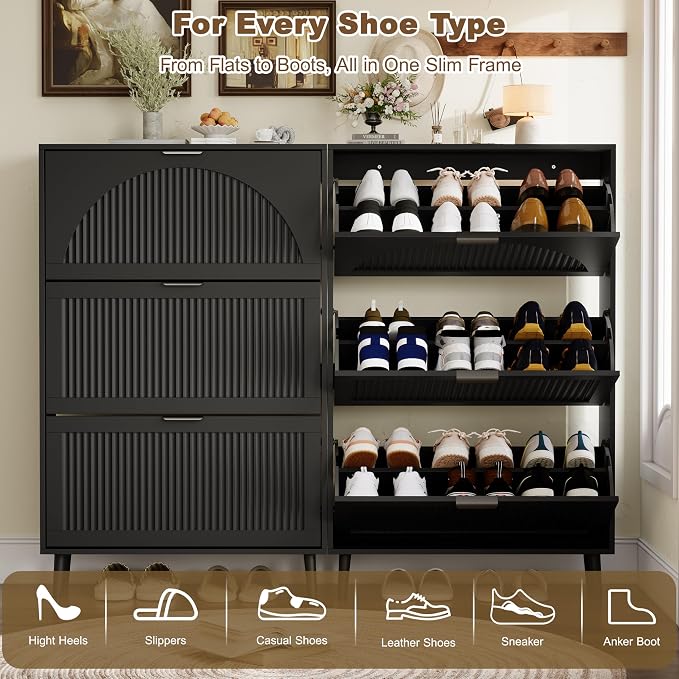 Shoe Storage Cabinet with 3 Flip Drawers, Narrow Wood Shoe Organizer Cabinet with Fluted Panel, Slim Shoe Rack for Entryway, Freestanding Shoe Cabinet for Living Room, Hallway, Black