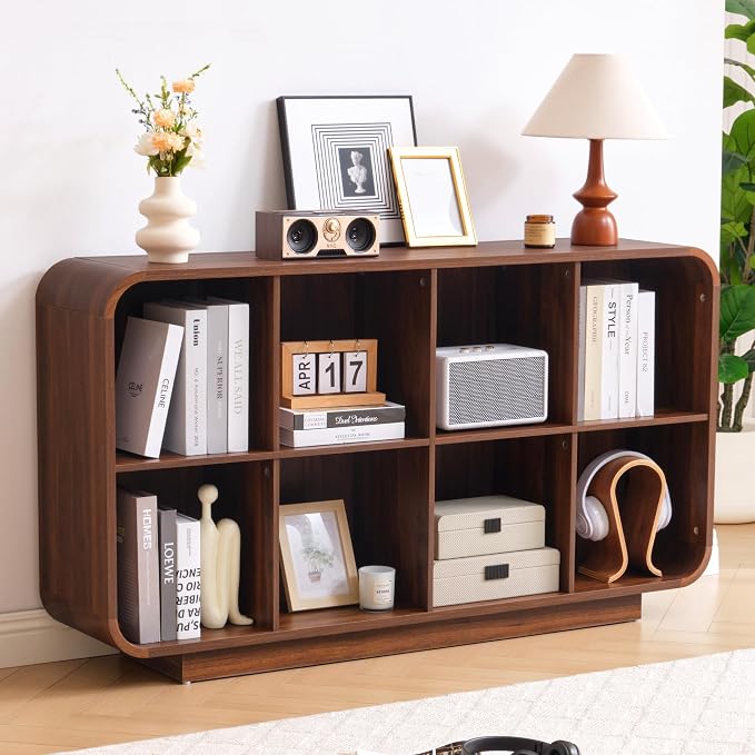 Cube Storage Organizer with Base, 8 Cube 2-Tier Bookcase, Wooden Floor Standing Storage Shelf with Rounded Corners, Anti-Tip Kit, Low Lattice Organizer for Home Office Living Room, Walnut