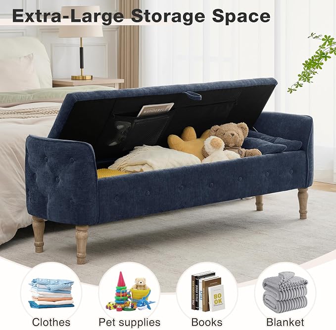 67"End of Bed Storage Bench King Size,Upholstered Bedroom Bench,Blue | Linen Storage Bench for Bedroom End of Bed ,2 Cushion, Vintage Wood Legs ,Tufted,Storage Ottoman Bench for Entryway Window