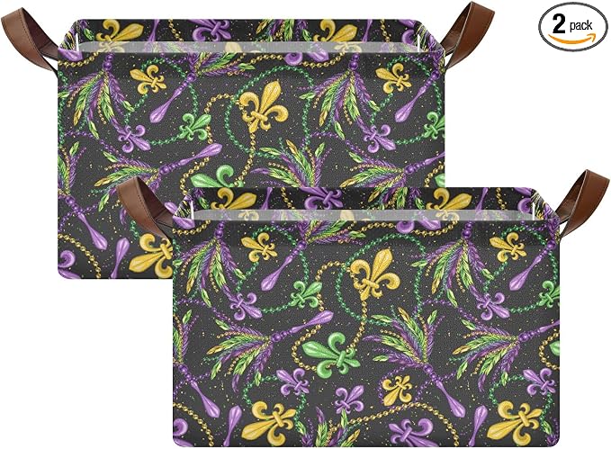 Mardi Gras Fleur De Lis Beads Gold Purple Storage Basket Foldable Cube Storage Bins with Handles&Label Holiday Empty Gift Box Collapsible Organizer Bin Large Decorative Baskets for Shelves Home, 2 PC