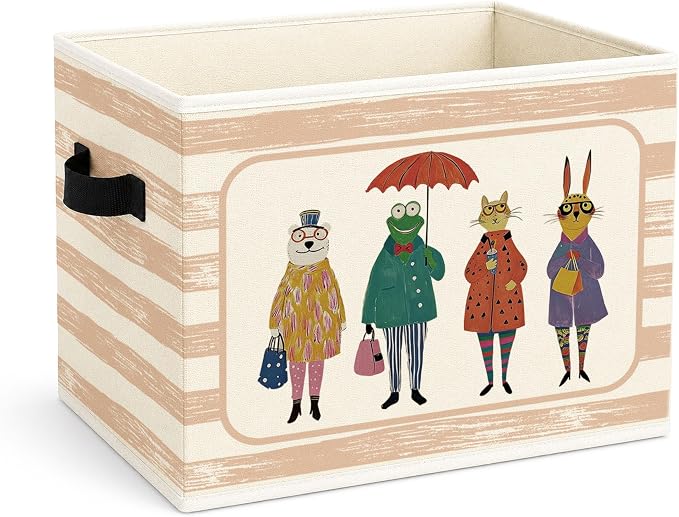Animal Storage Bin, Foldable Fabric Basket for Kids Room Nursery | Foldable fabric storage bin with rainy day animal design for toys, books, clothes, nursery, bedroom, and playroom use.