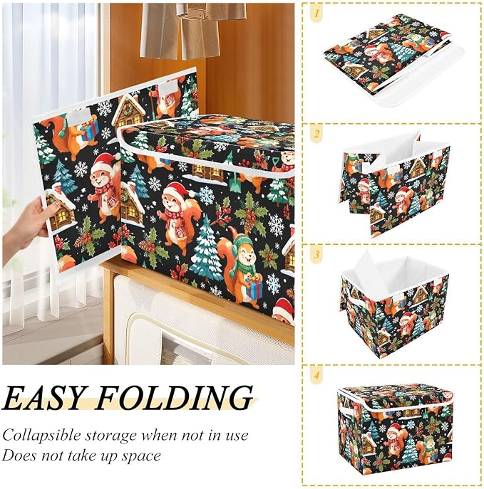 Storage Bins with Lid Christmas Squirrel Foldable Storage Boxes 40L Baskets | Decorative Storage Boxes, 300D Oxford Cloth, Hollow Board Frame, Flip Top Velcro Lid, 16.5x12.6x11.8 inch, Collapsible Design