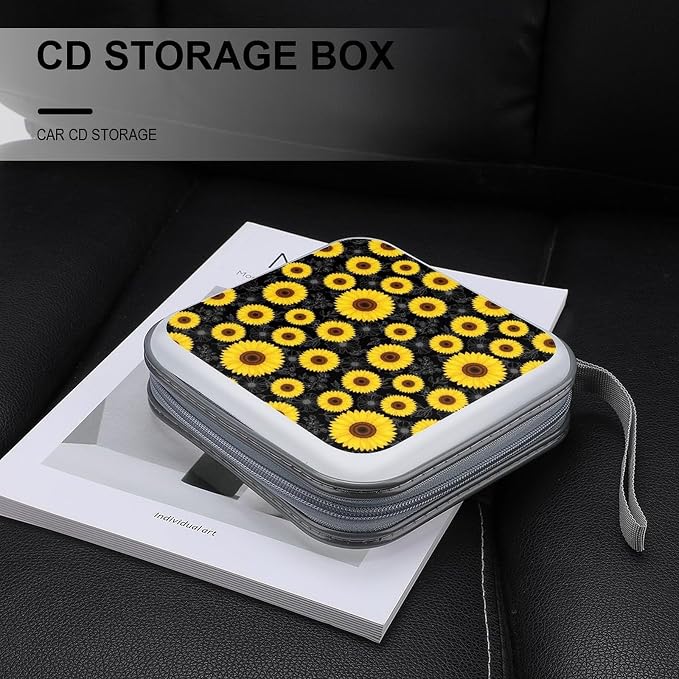Portable 40-Disc CD Storage Binder Floral Sunflower Black, Hard Case Wallet with Handle, Protective Organizer for Movies Music Travel