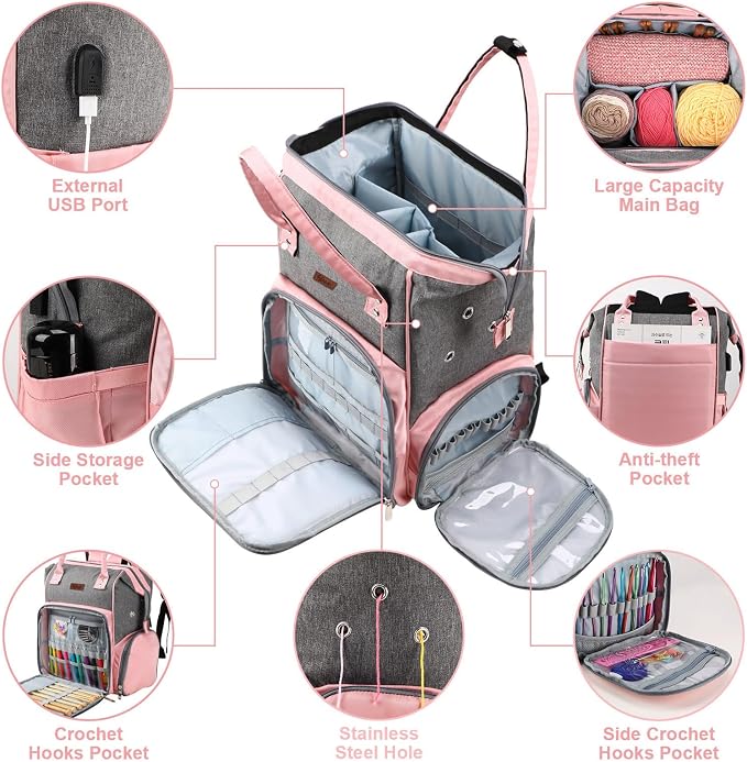 crochet bag,knitting bagBackpack and Tote Bag Storage Bag ，Large capacityYarn Storage Organizer Travel Crochet Bag Women Carrying Crochet Accessories Knitting Needles Crochet