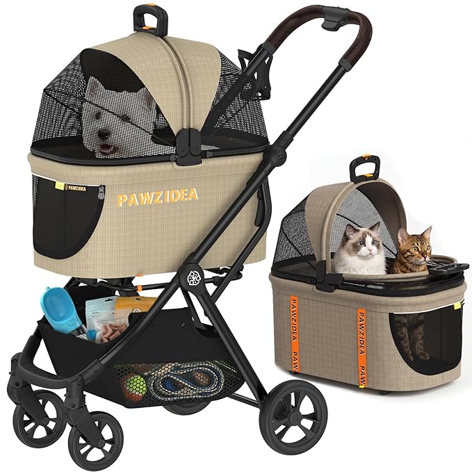 PAWZIDEA Pet Stroller 4-in-1, Foldable Dog Stroller with Detachable Carrier | Escape-Proof No-Zip Canopy, Portable Travel Crate & Car Seat Combo, for Small to Medium Dogs & Cats up 33 lbs, Storage Basket
