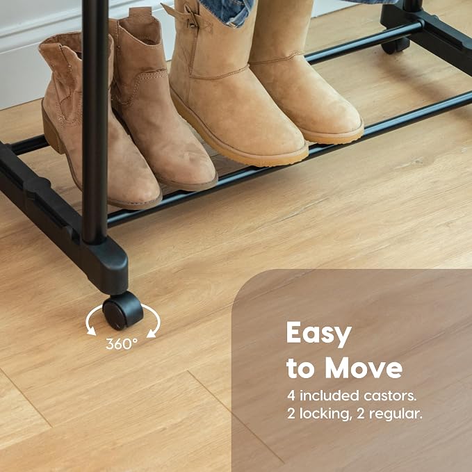 IRIS USA Portable Double-Rod Height Adjustable Clothes Rack with Extendable Bar and Lockable Wheels, Rolling Garment, Double Rod Wardrobe Rack, Easy Assemble, for Clothes, Belts, Shoes, and Bags | Adjustable hanging space for garments, accessories, and...