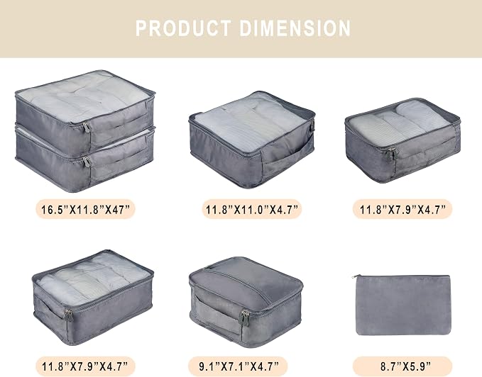 Vercord 7 Set Travel Packing Organizers Cubes Luggage Suitcase Organizer Bags Clothes Underwear Cube Shoe Pouch Pack Grey