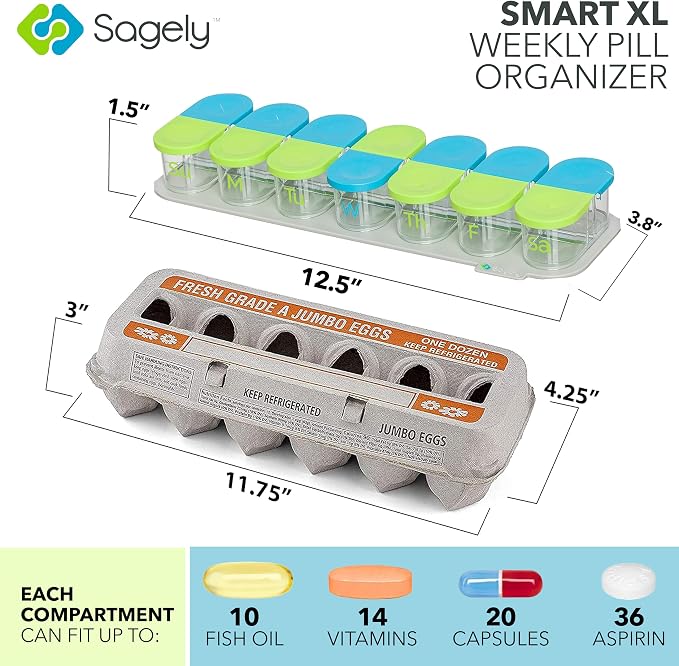 Sagely XL Pill Organizer, Weekly Pill Box, Cute Durable Magnetic Removable Pods, Easy to Use, Spill Proof, Extra Large Enough to Fit Fish Oil, Cod Liver Oil, Supplements & Vitamins (Pink/Gray)