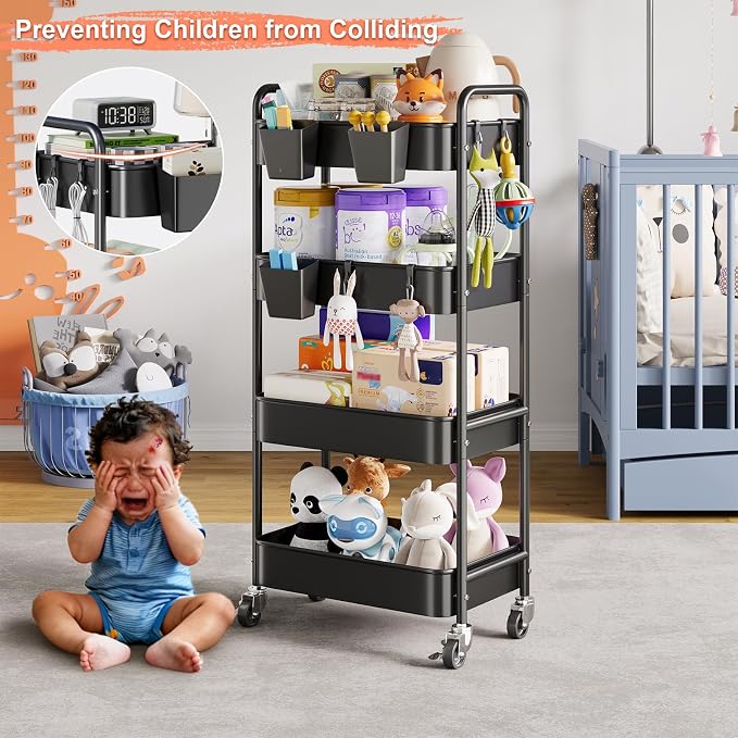 4 Tier Rolling Cart Metal with Wheels, Black Four Tiered Rolling Storage Cart on Wheels, Utility Roller Carts Organizer for Art, Craft, Baby Diaper Caddy, Snack, Book, Large-Capacity Shelving Units