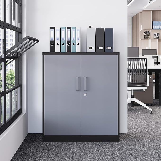 Metal Storage Cabinets with Lock Door and Shelves, Steel Garage Tool Cabinets for Home,Office, Warehouse,Lockers (36“-Black&Gray)