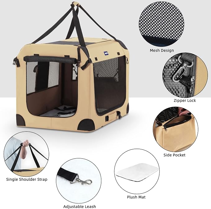 Petprsco Portable Dog Crates for Medium Dogs, 32"x23"x23" Travel Dog Crate | Collapsible Dog Crate with Plush Mat, Soft Blanket & Foldable Bowl, Strong Fabric, 4-Sided Vents, 3 Doors, Indoor/Outdoor Use