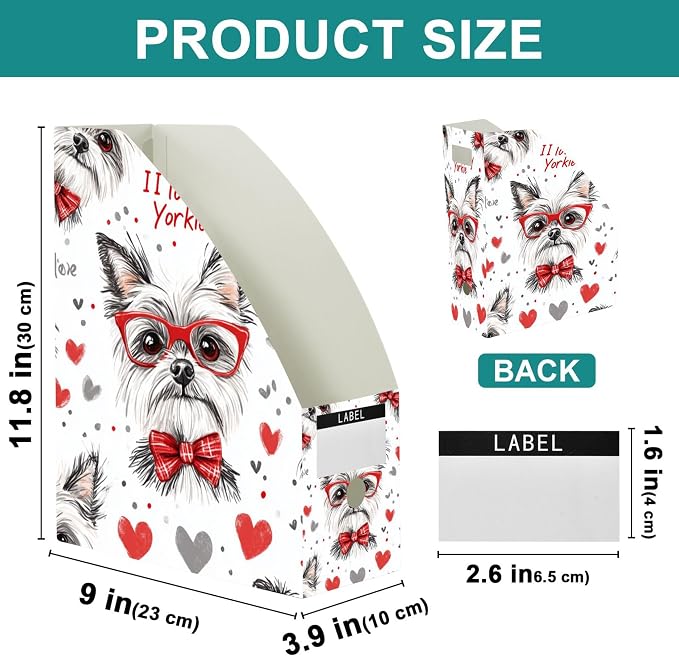 Pets Yorkie Dog 3-Pack Decorative Magazine File Holder Foldable Desk Book Bins Binder Organizer with Blank Labels for Office Classroom Bookshelf Document Paper Storage