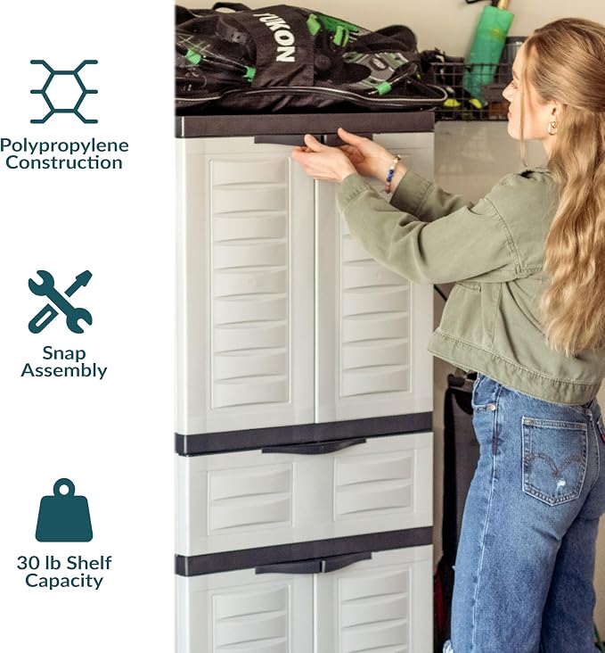 Sunnydaze 57" Garage Storage Cabinet with Doors & Shelves, Gray | Heavy Duty Resin Storage Cabinet Resists Rust & Peeling, Utility Cabinet with Drawer & Anti-Tip Kit for Laundry, Office