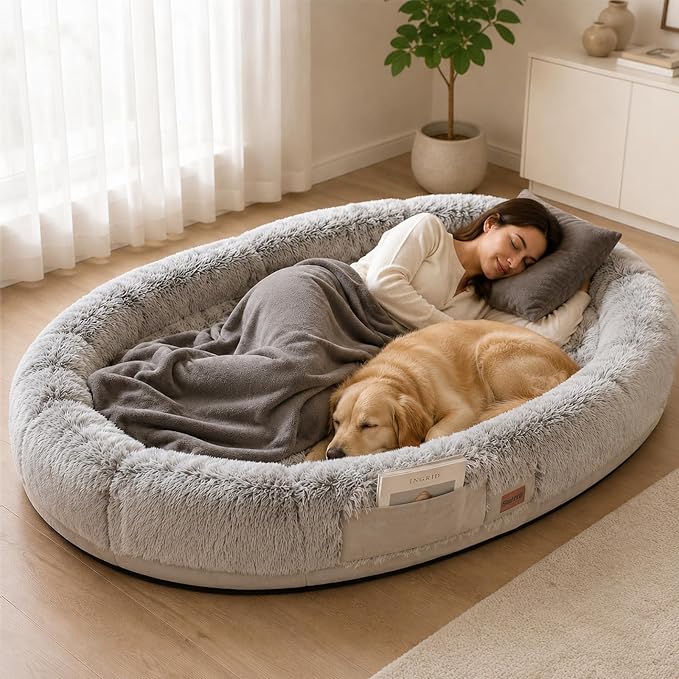 Human Dog Bed for Adult, 71"x48" Large Pet Dog Bed, Light Grey | Adult Dog Bed for Humans with Pillow & Blanket, Fluffle Cloud Dog Bed with Orthopedic Foam Bolster, Durable Zipper, Portable