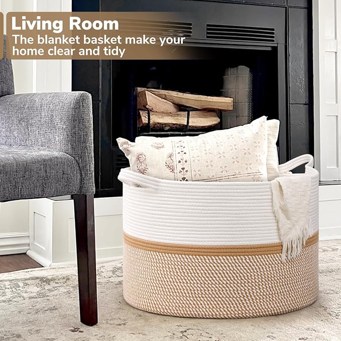 CHICVITA XXL Cotton Rope Woven Blanket Basket with Handles, White & Brown | Home decor storage basket for laundry, baby nursery, toys. Decorative toy bin, 22x22x14in