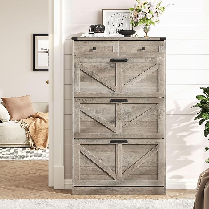 Halitaa Shoe Cabinet with 3 Flip Drawers & 2 Drawers,Freestanding Shoe Storage Cabinet for Entryway,Farmhouse Narrow Slim Organizer Rack for Foyer,Hallway,Grey