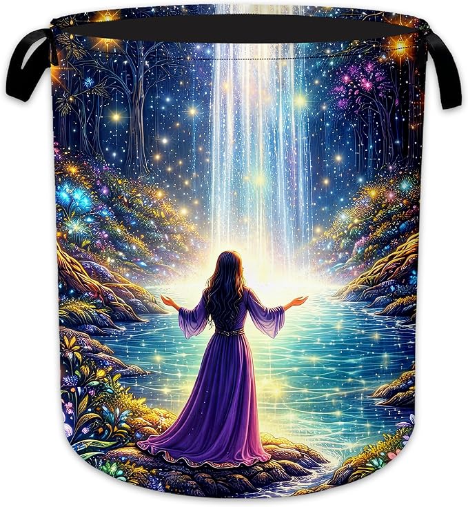 Fantasy Waterfall Laundry Basket, Foldable Oxford Cloth Magic Forest Laundry Hamper with Handles, Tote Bag Clothes Storage Bucket for Laundry Room/Bathroom/Bedroom/Dormitories 20.8"x16"