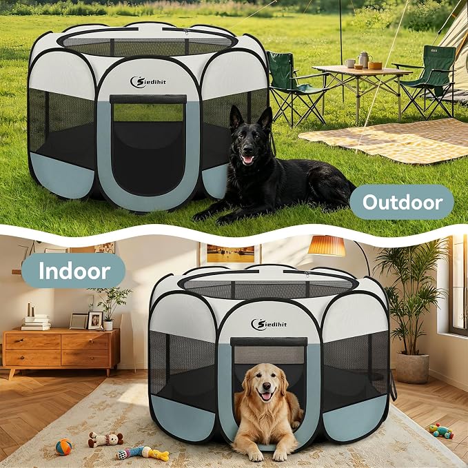 Siedihit Dog Playpen Tent Crate Cage Indoor Outdoor Travel Extra Large Grey | Pet Nursing Enclosure Camping Rest Zone for Recovering Pets 600D waterproof polyester Oxford, Breathable double-layer mesh