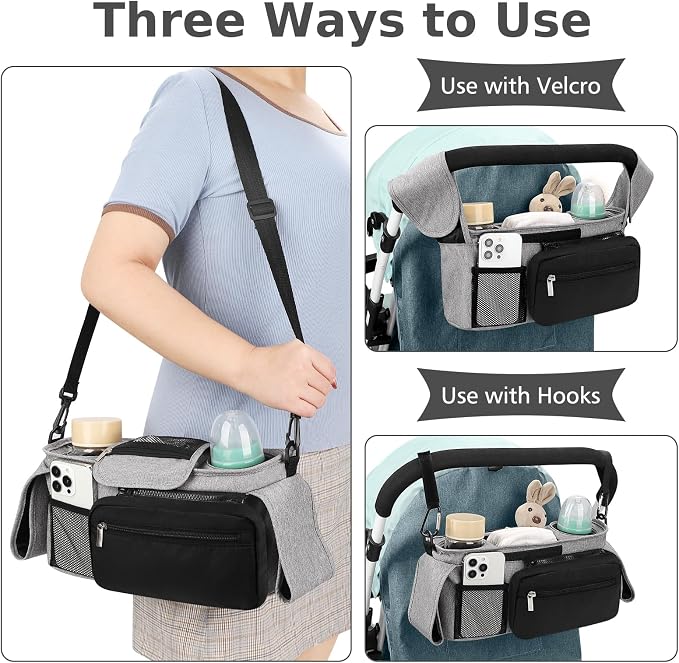 Accmor Universal Stroller Organizer with Insulated Cup Holder Detachable Phone Bag and Shoulder Strap,Stroller Bag Caddy Organizer for Uppababy, Baby Jogger, Britax Strollers