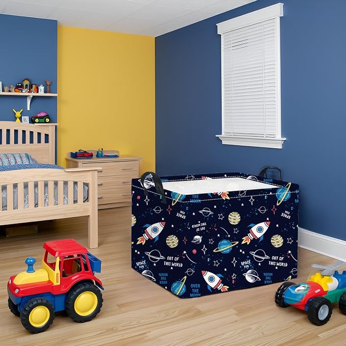 Rectangular Space Basket for Boys Baby Storage Basket Storage Bin Organizer Box Room Decor(Rocket Planet)