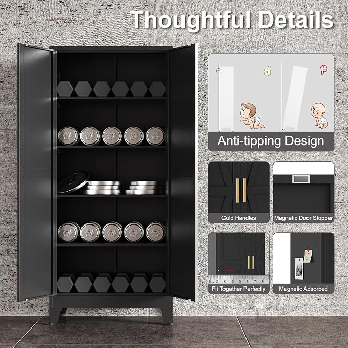 71" H Metal Garage Storage Cabinets,Black Storage Cabinets,Broom Closet Storage Cabinet,Utility Cabinet,