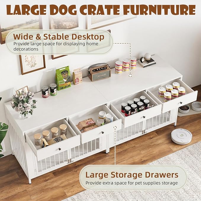 LEMBERI 44 Inch Large Dog Crate Furniture with Storage Drawers, Wooden Dog Kennel Furniture as TV Stand, Decorative Pet Cage Dog House Indoor for Dogs, White 2 Pack