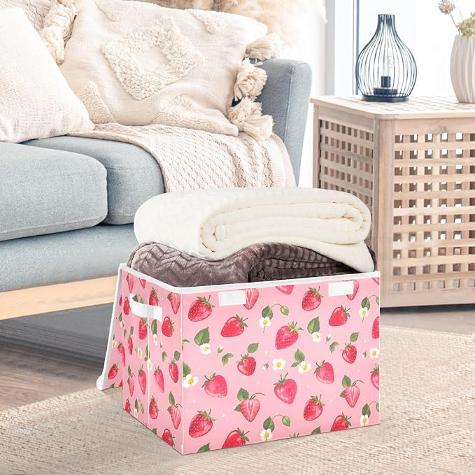 Storage Bins with Lid Strawberry Daisy Foldable Storage Boxes 40L Baskets | Decorative Storage Boxes, 300D Oxford Cloth, Hollow Board Frame, Flip Top Velcro Lid, 16.5x12.6x11.8 inch, Collapsible Design
